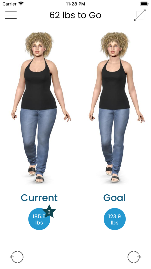App screen: current and goal models side by side, 62 lbs to go