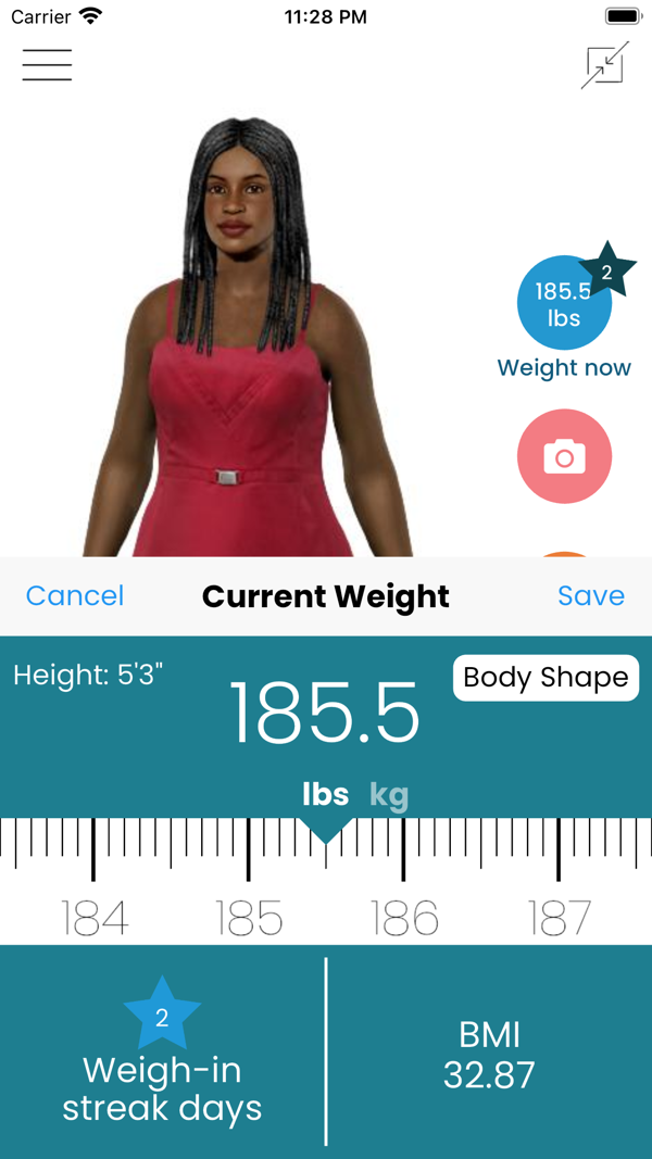 App screen: daily weigh-in scale with streak counter and BMI