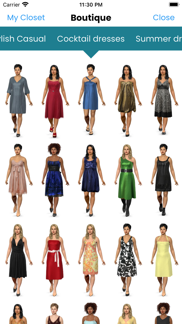 App screen: boutique with dozens of outfits to dress your model