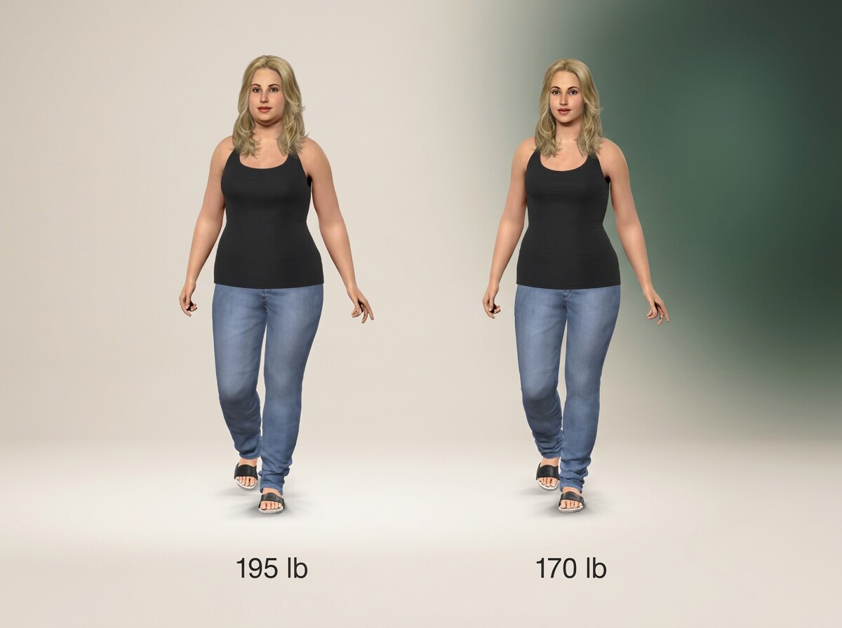 Simulated 5 ft 5 in woman at 195 lb and at 170 lb, side by side