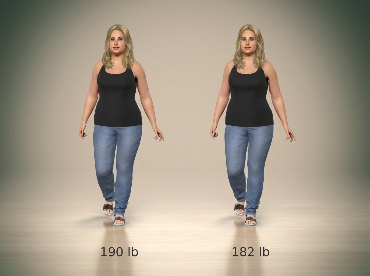 Simulated 5 ft 5 in woman at 190 lb and at 182 lb, side by side