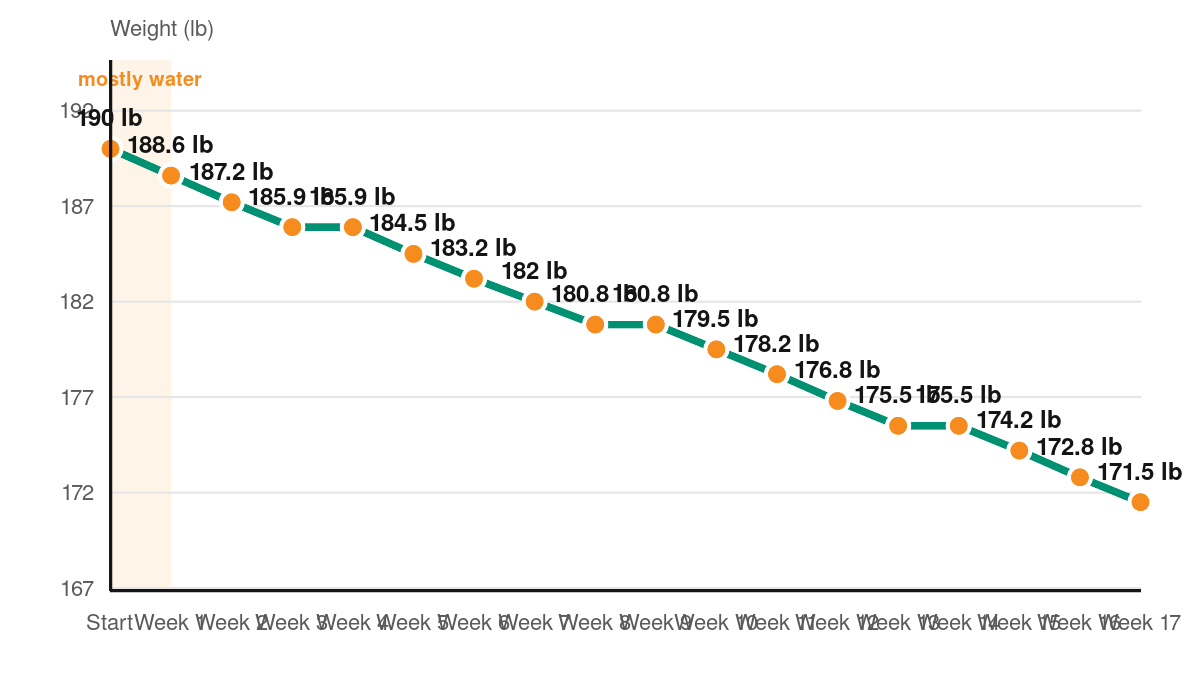 Line chart of weight over 17 weeks