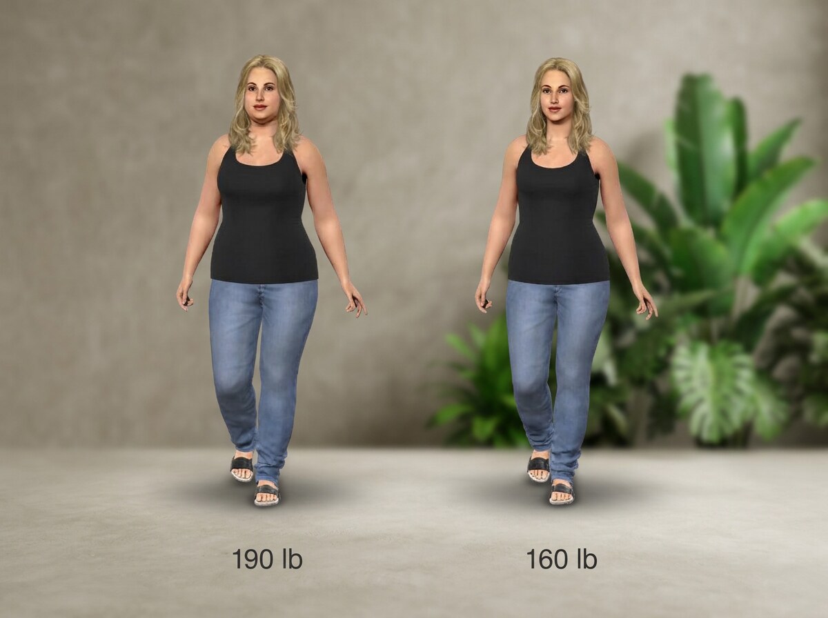 Simulated 5 ft 5 in woman at 190 lb and at 160 lb, side by side