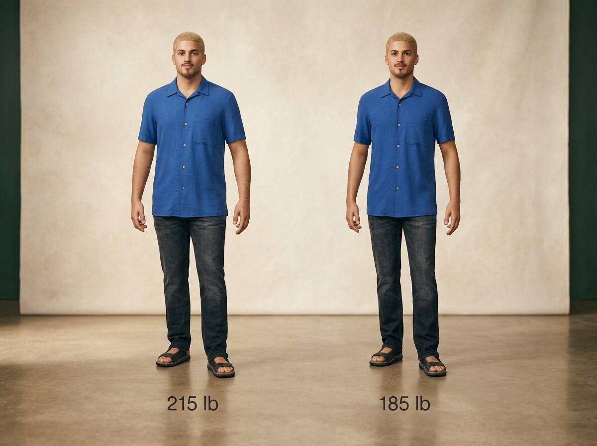 Simulated 5 ft 10 in man at 215 lb and at 185 lb, side by side
