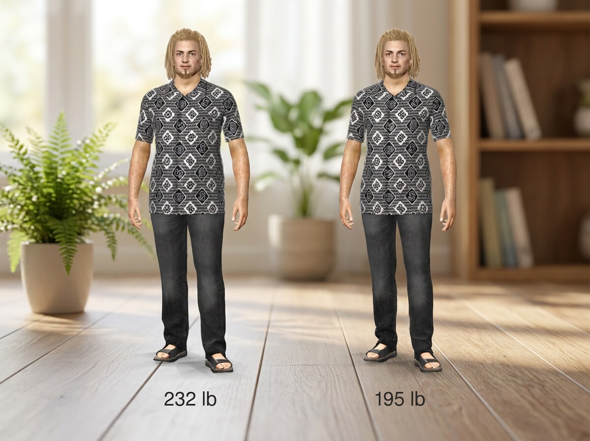 Simulated 5 ft 10 in man at 232 lb and at 195 lb, side by side