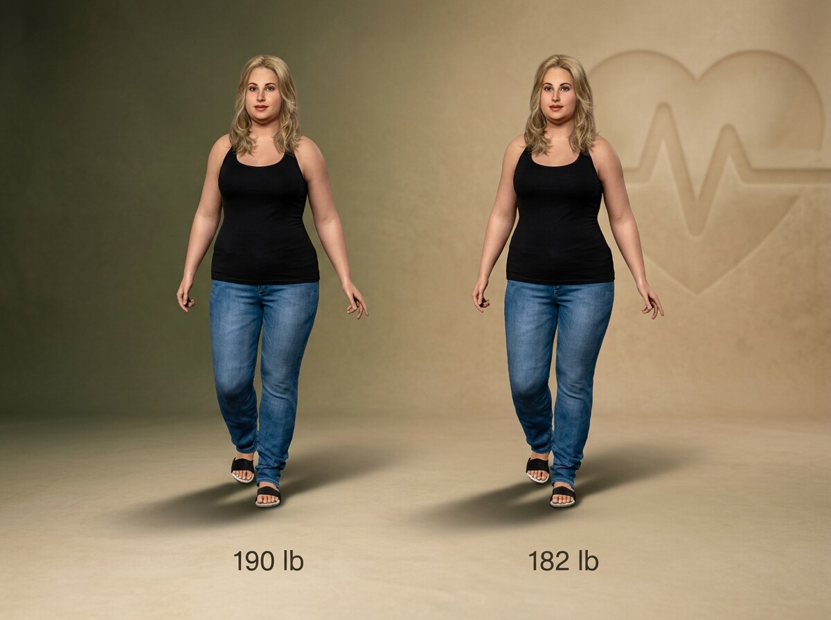 Simulated 5 ft 5 in woman at 190 lb and at 182 lb, side by side