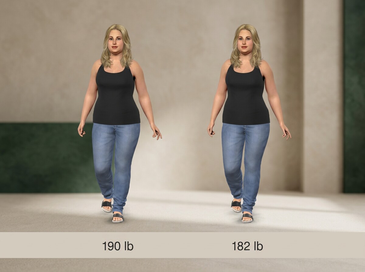 Simulated 5 ft 5 in woman at 190 lb and at 182 lb, side by side