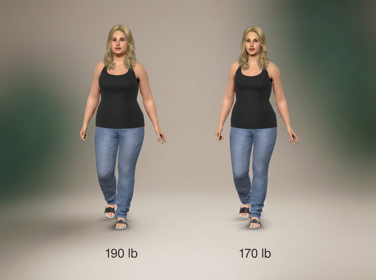Simulated 5 ft 5 in woman at 190 lb and at 170 lb, side by side