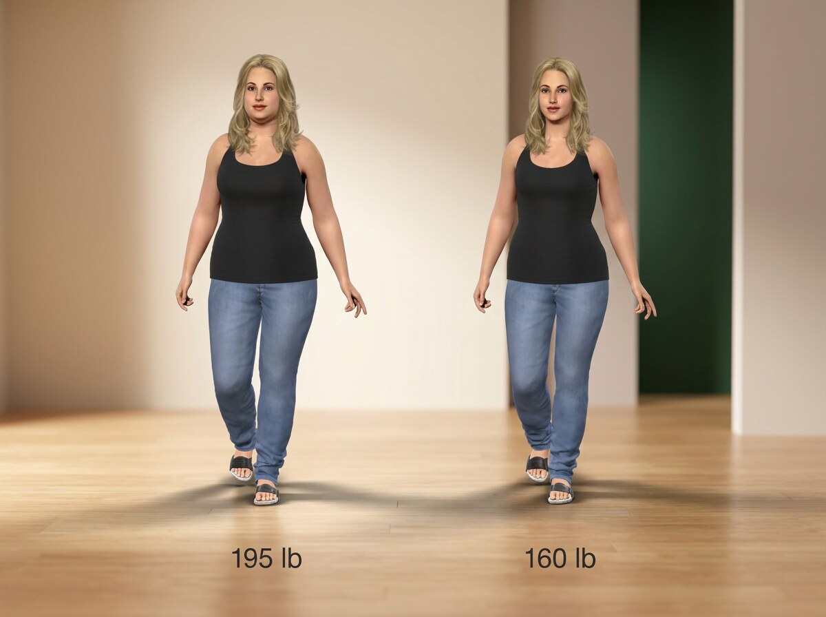 Simulated 5 ft 5 in woman at 195 lb and at 160 lb, side by side