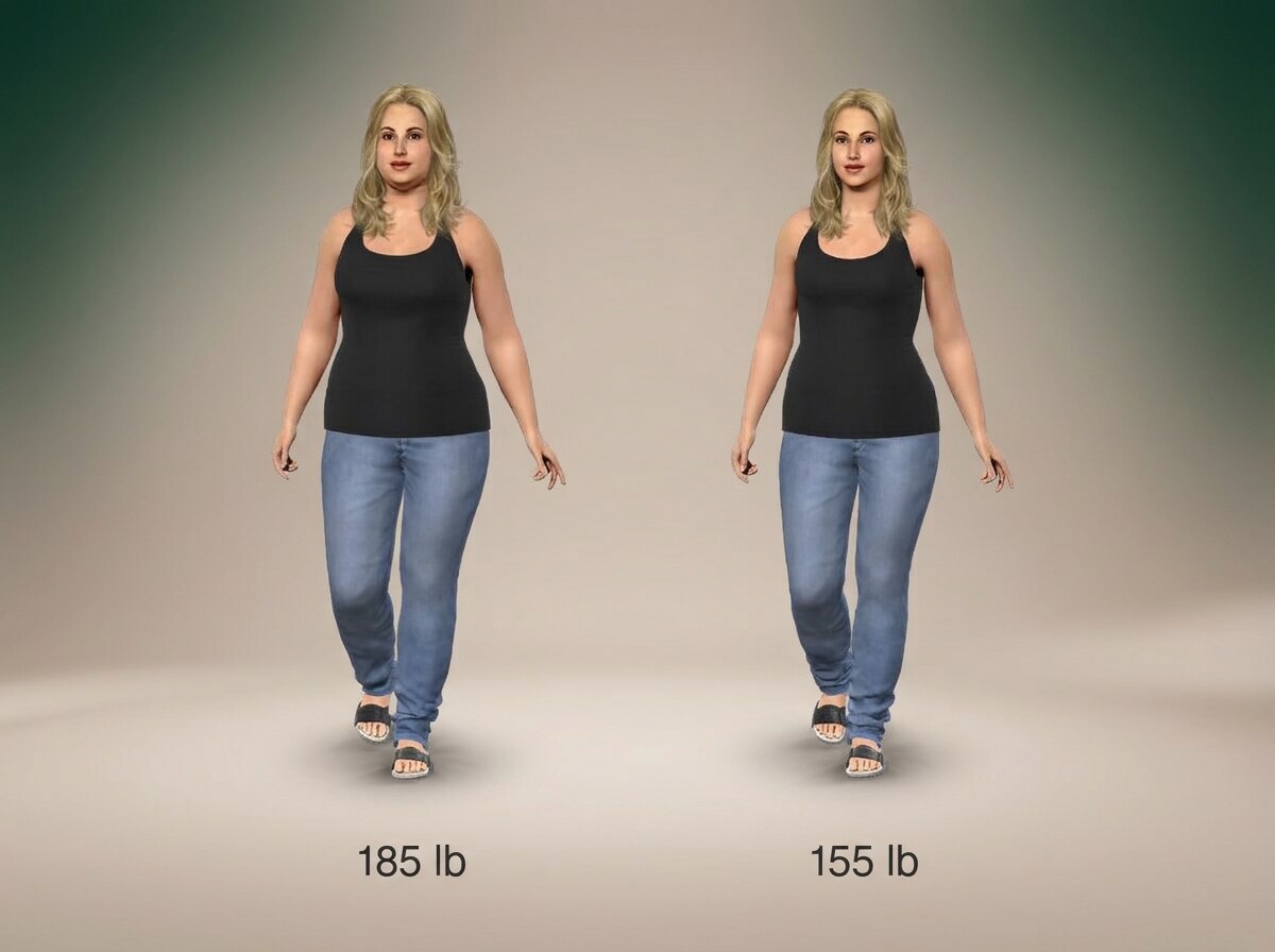 Simulated 5 ft 4 in woman at 185 lb and at 155 lb, side by side