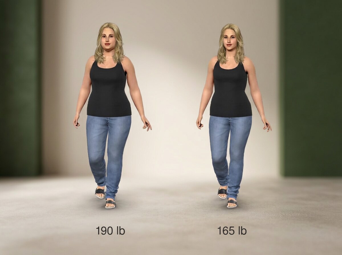 Simulated 5 ft 5 in woman at 190 lb and at 165 lb, side by side