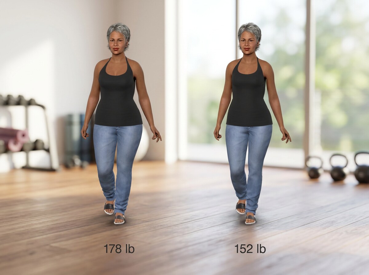 Simulated 5 ft 4 in woman at 178 lb and at 152 lb, side by side