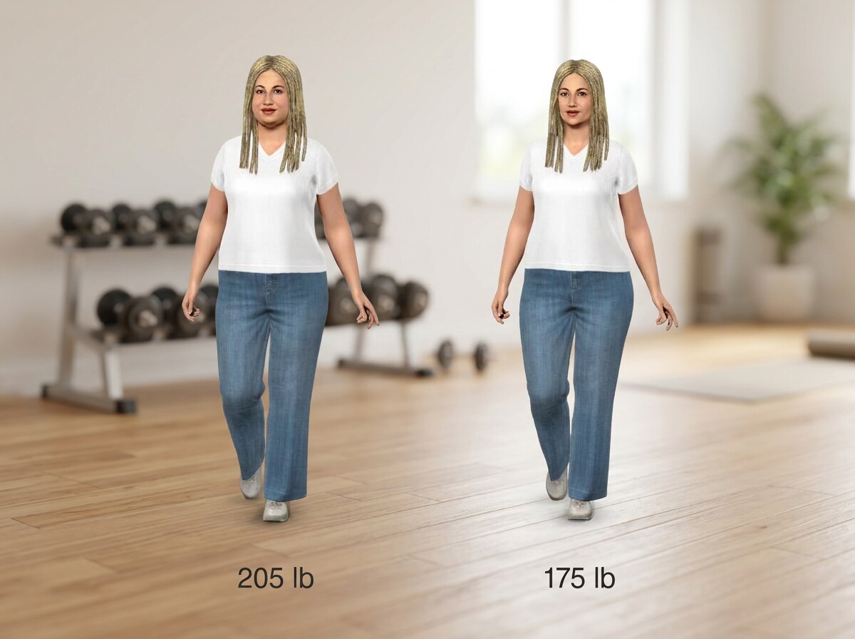 Simulated 5 ft 4 in woman at 205 lb and at 175 lb, side by side