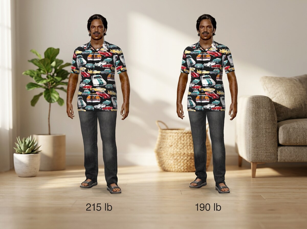 Simulated 5 ft 10 in man at 215 lb and at 190 lb, side by side