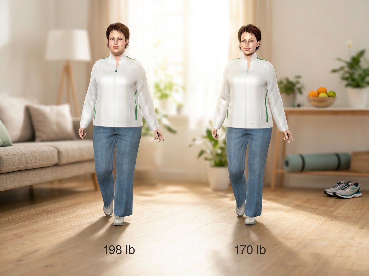 Simulated 5 ft 4 in woman at 198 lb and at 170 lb, side by side