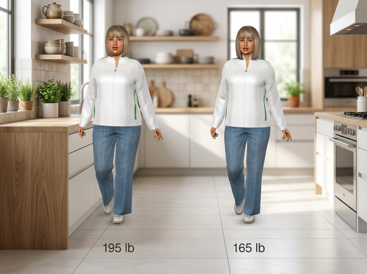 Simulated 5 ft 4 in woman at 195 lb and at 165 lb, side by side