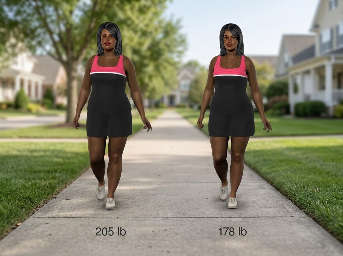 Simulated 5 ft 4 in woman at 205 lb and at 178 lb, side by side
