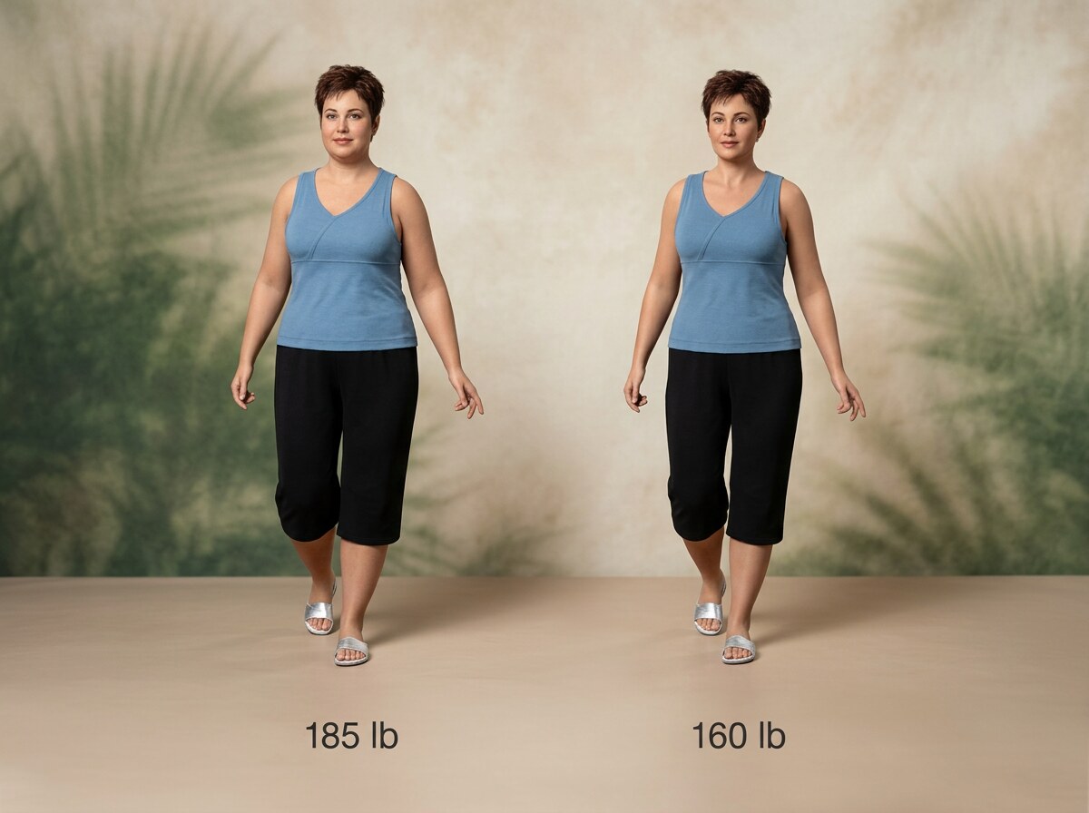 Simulated 5 ft 4 in woman at 185 lb and at 160 lb, side by side