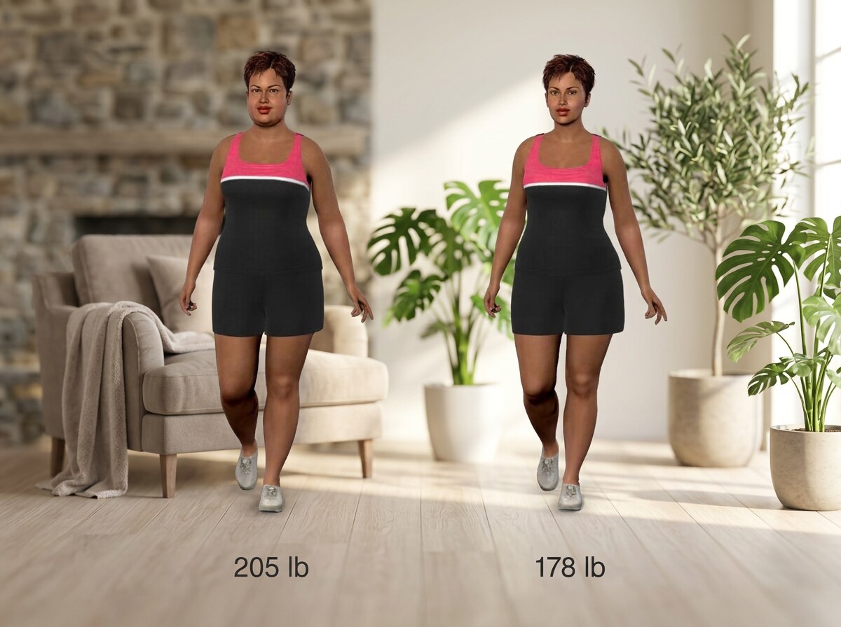 Simulated 5 ft 4 in woman at 205 lb and at 178 lb, side by side