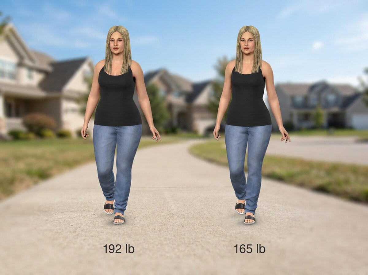 Simulated 5 ft 5 in woman at 192 lb and at 165 lb, side by side