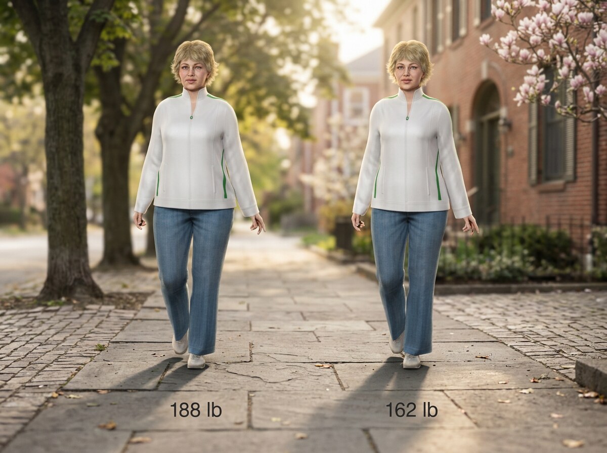 Simulated 5 ft 5 in woman at 188 lb and at 162 lb, side by side