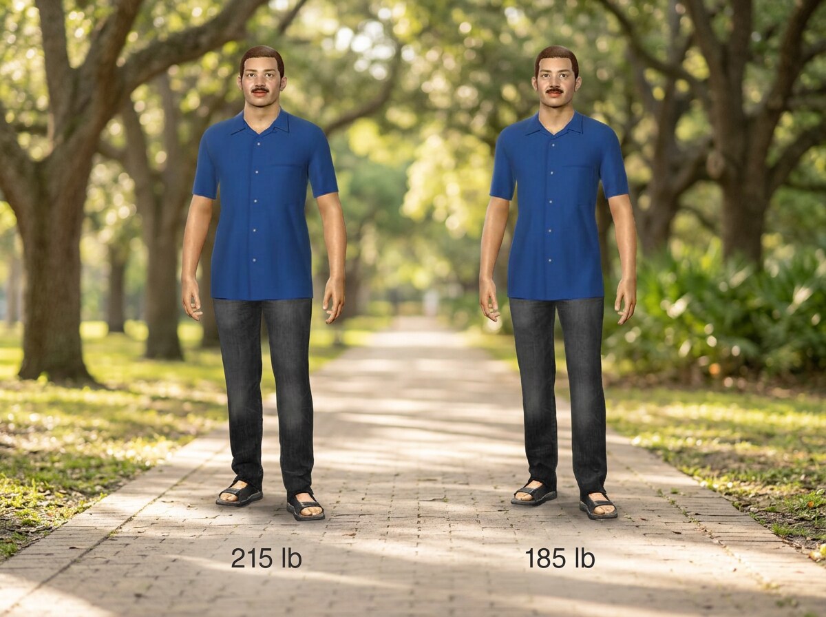 Simulated 5 ft 10 in man at 215 lb and at 185 lb, side by side